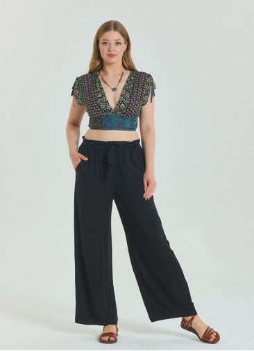 Black Women's Plus Size Trousers with Elastic Waist Belt Detail 4620